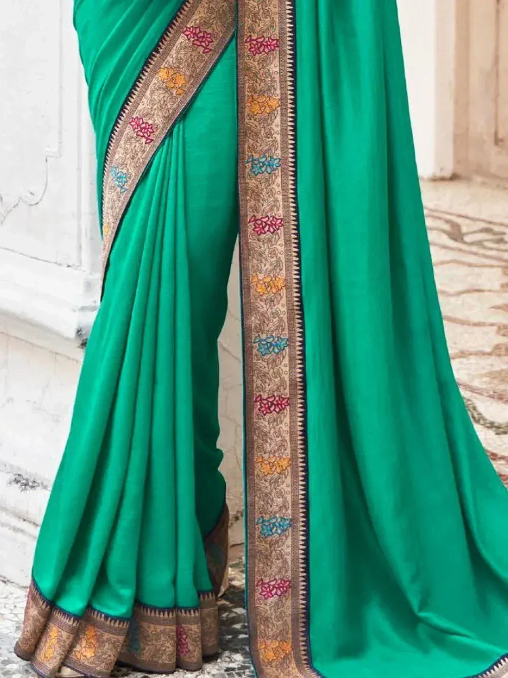 Emerald green saree with floral embroidered border, Indian ethnic wear