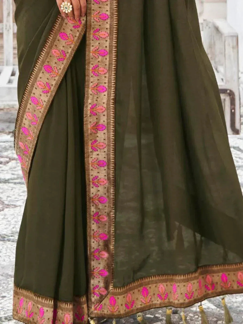 Olive green saree with pink floral embroidery and gold border, traditional Indian ethnic wear