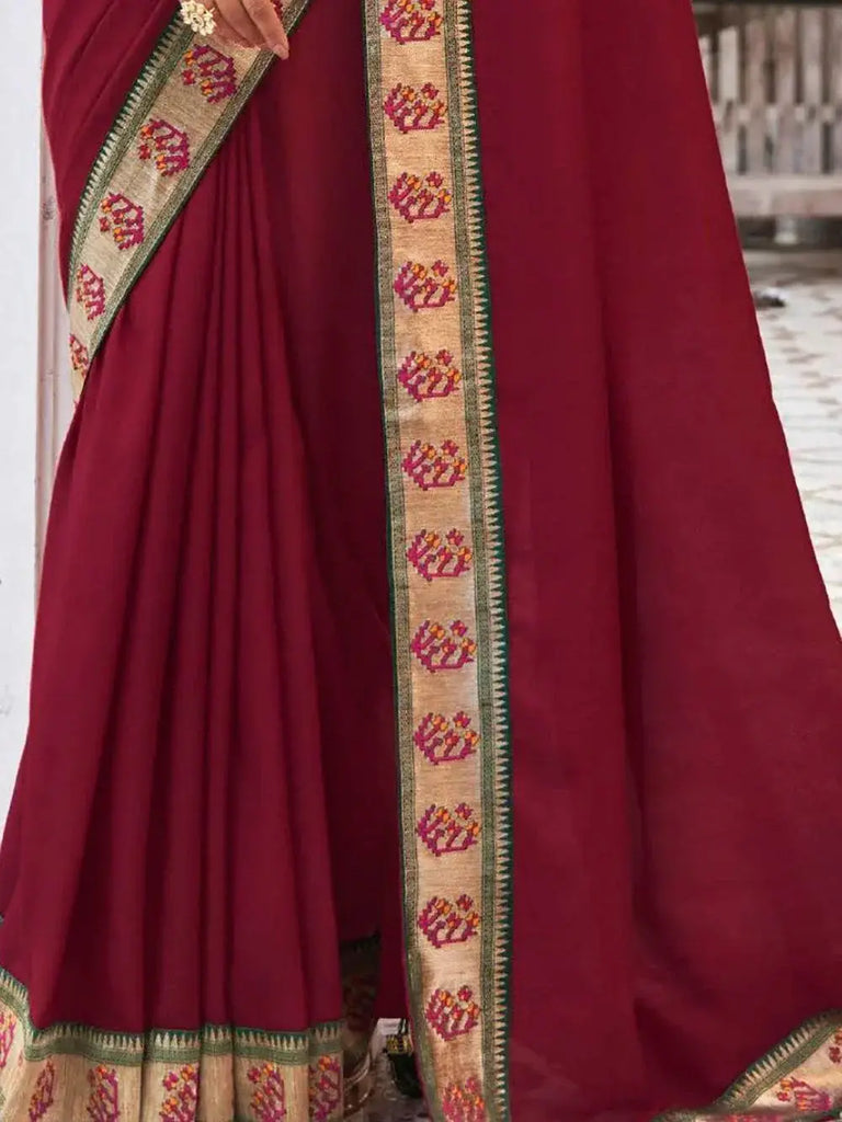 Magnetic Maroon Heavy Lace Work Silk Wedding Saree With Blouse