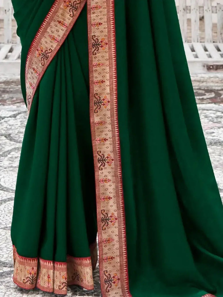 Attractive Green Lace Work Vichitra Silk Saree With Blouse