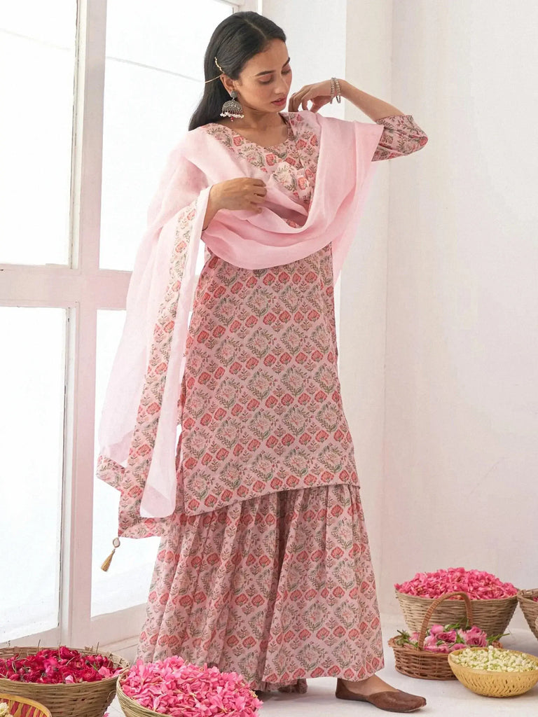 Excellent Pink Digital Printed Muslin Festival Wear Sharara Suit