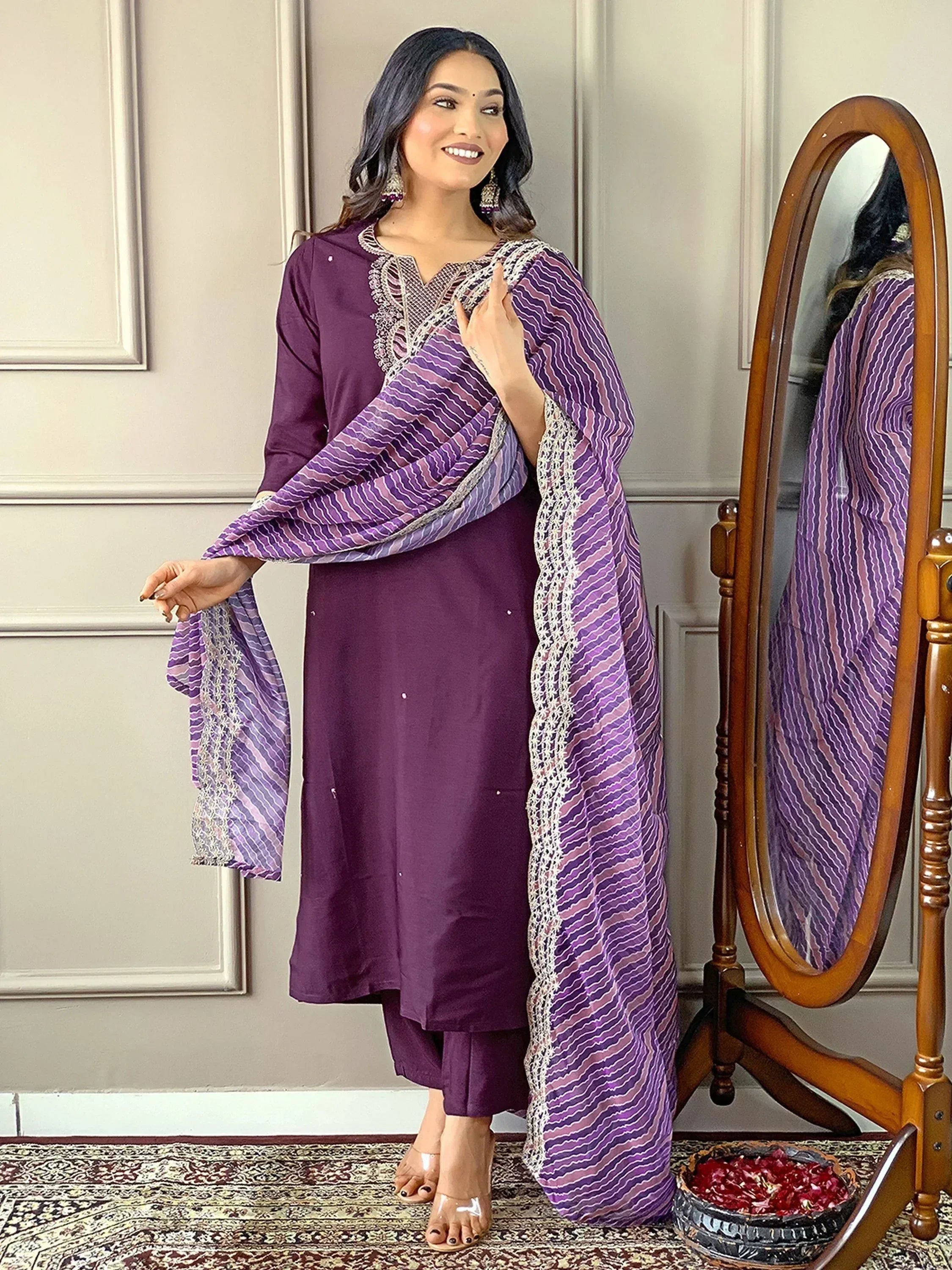Purple embroidered salwar kameez with striped dupatta, ethnic Indian wear for women