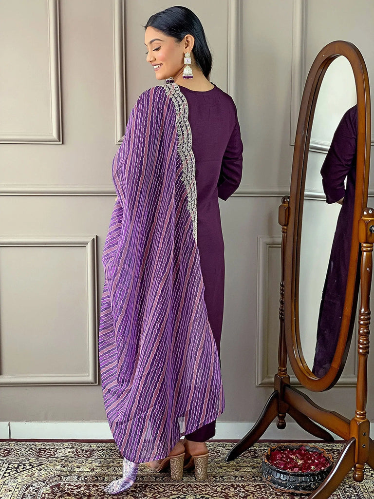 Beautiful Purple Embroidered Silk Traditional Pant Suit With Dupatta