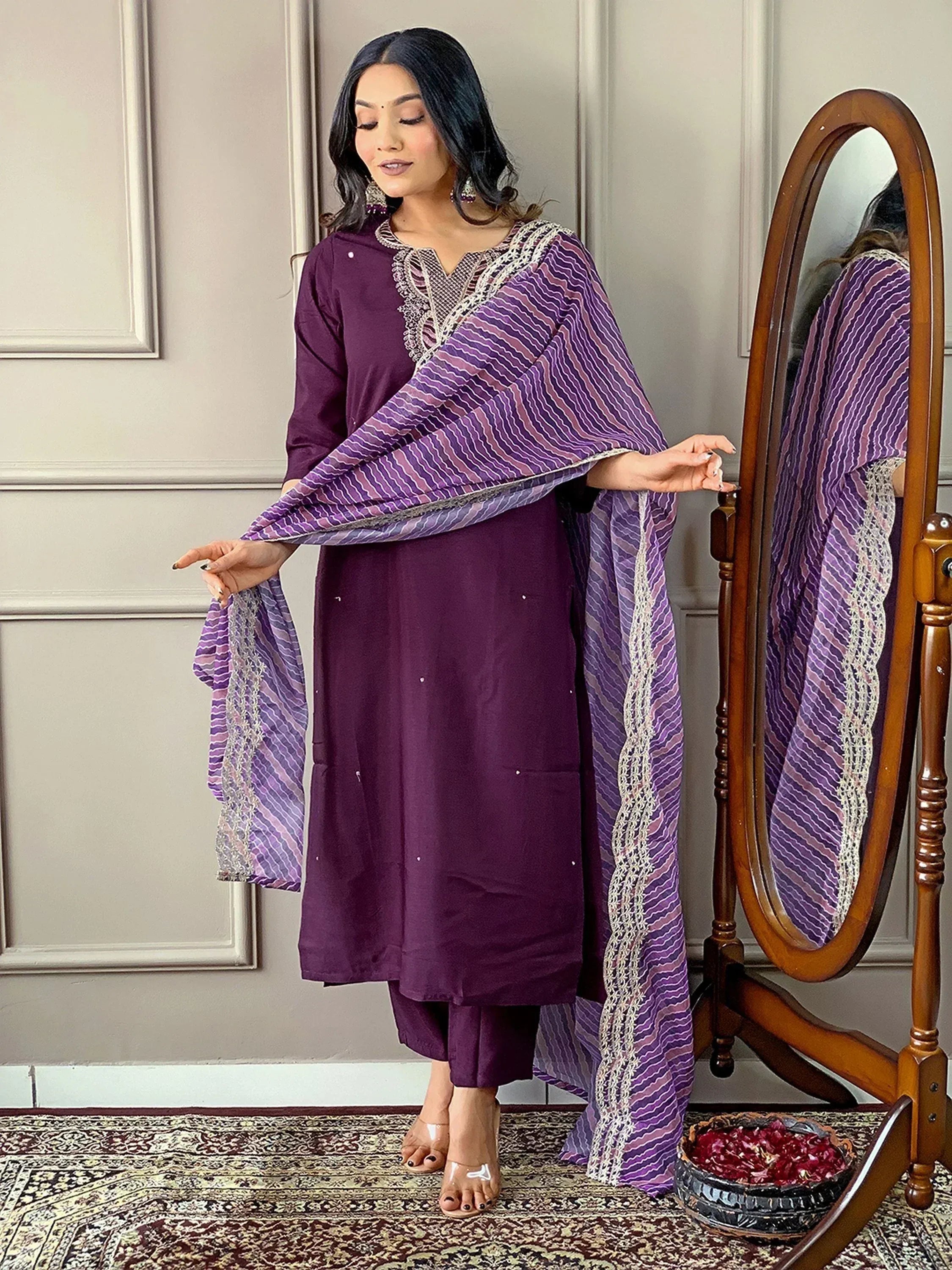 Purple ethnic salwar kameez with striped dupatta, perfect for Indian traditional wear