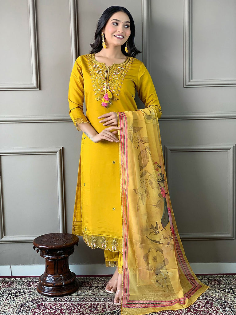 Captivating Yellow Embroidered Chanderi Pant Suit With Dupatta