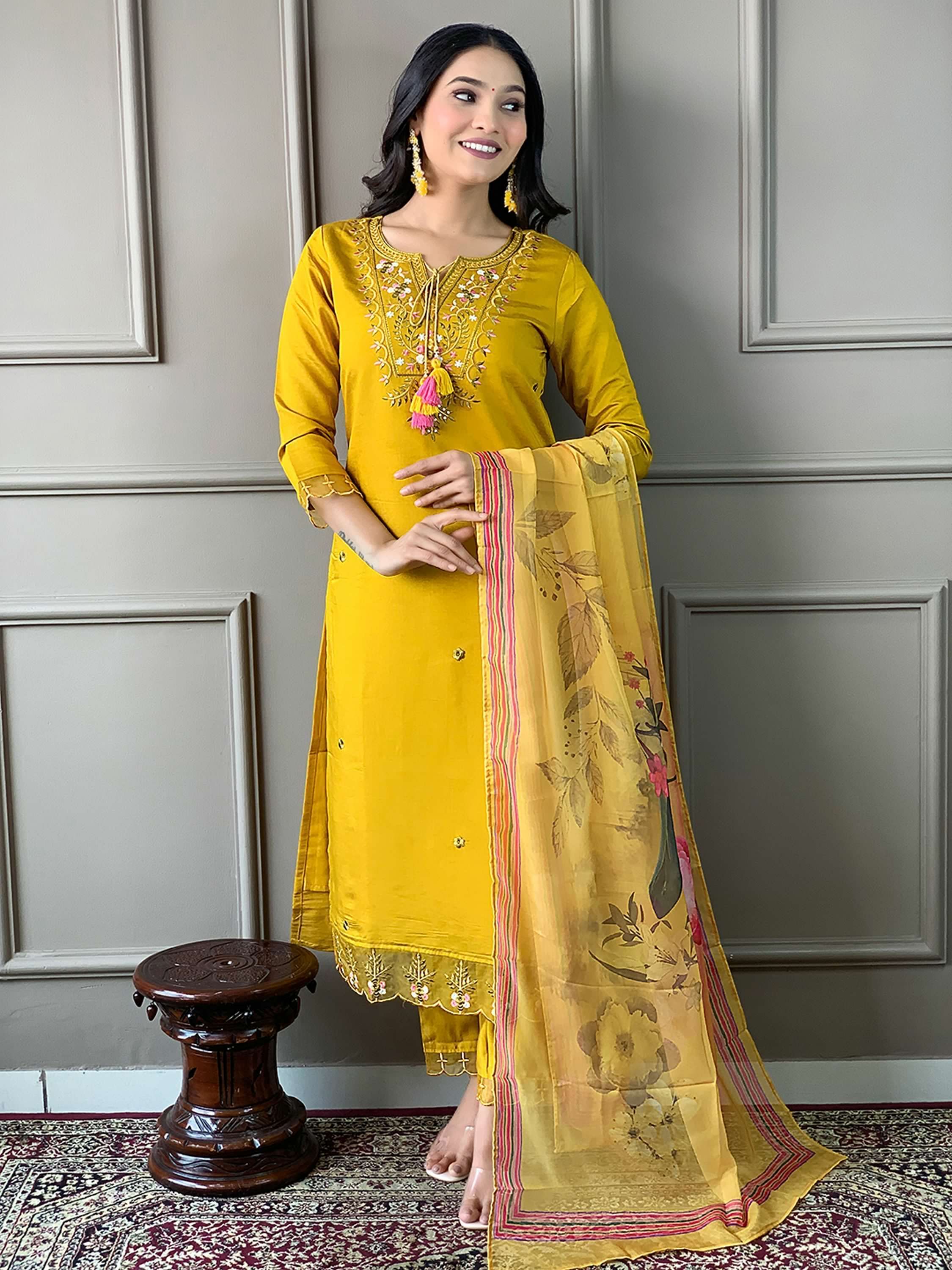 Captivating Yellow Embroidered Chanderi Pant Suit With Dupatta
