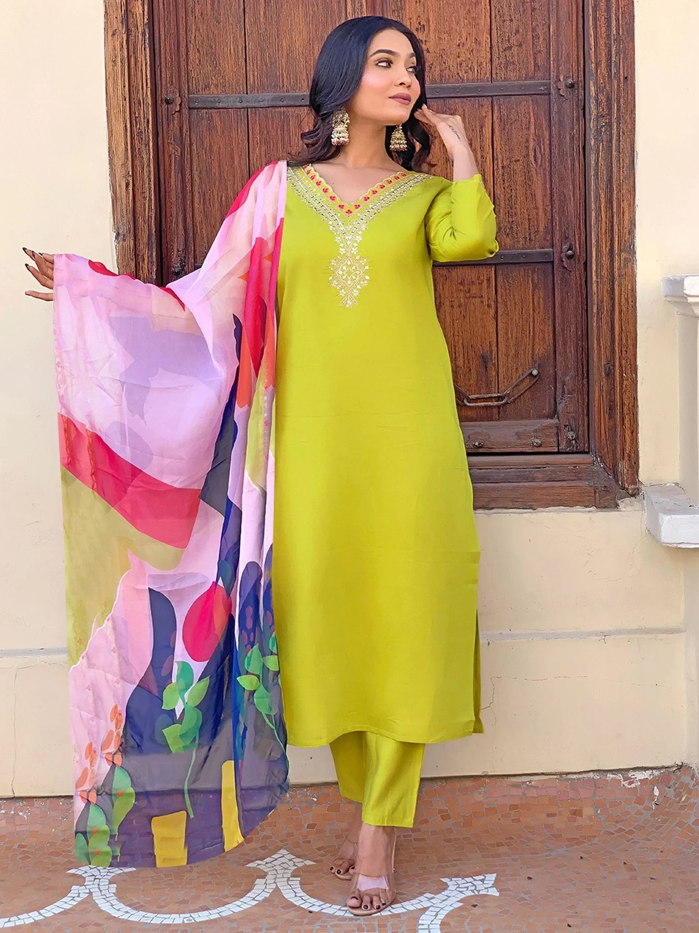 Lime green embroidered kurta with printed dupatta, ethnic wear for women