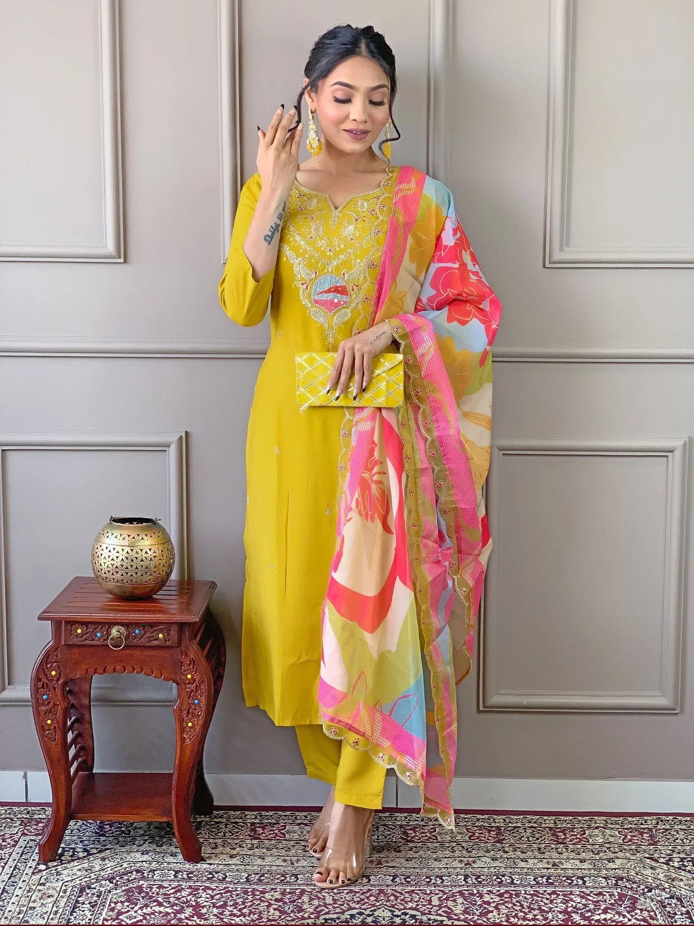 Yellow embroidered salwar kameez with floral dupatta, ethnic Indian wear for women