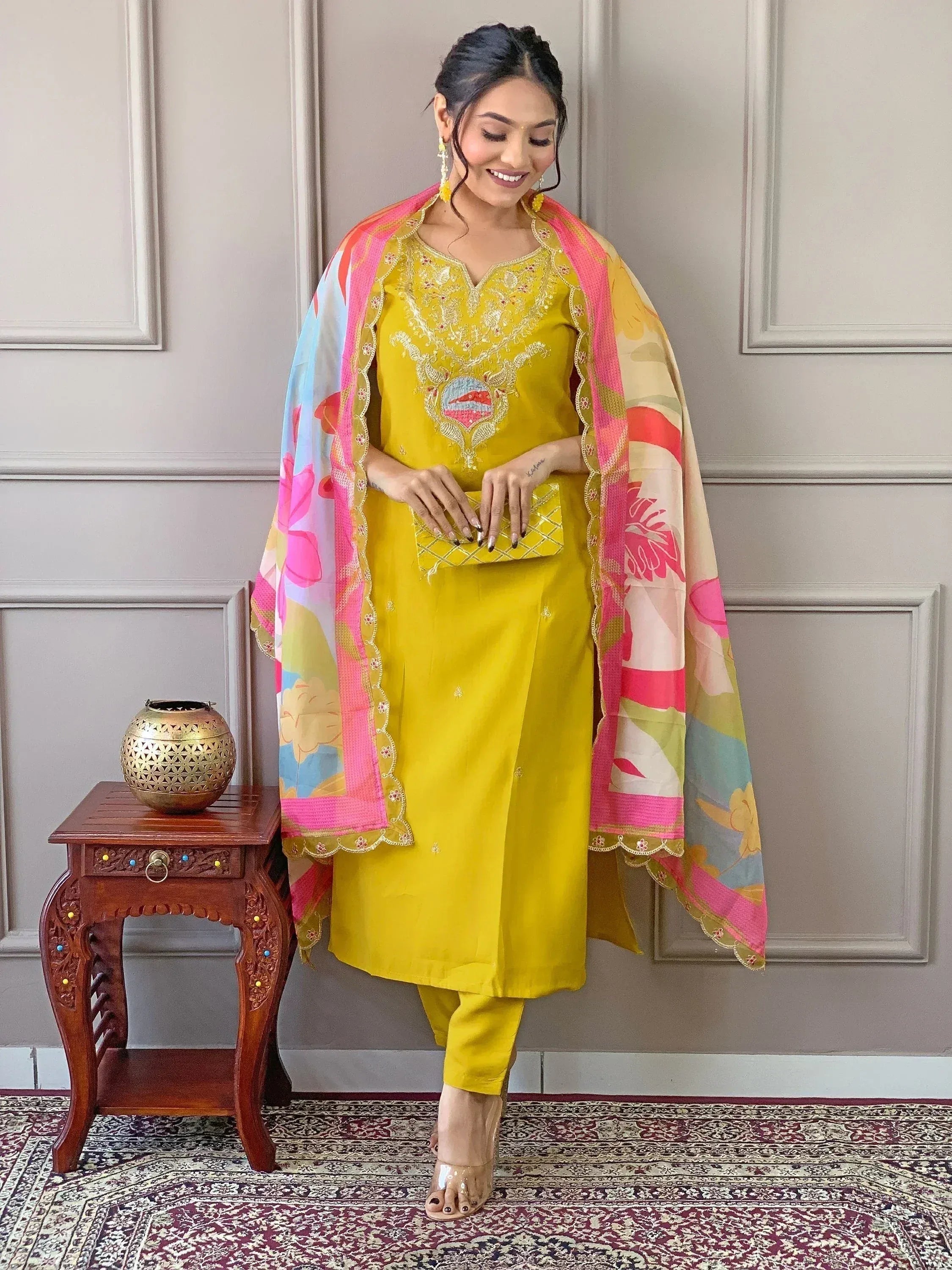Yellow embroidered salwar kameez with floral dupatta, Indian ethnic wear for women