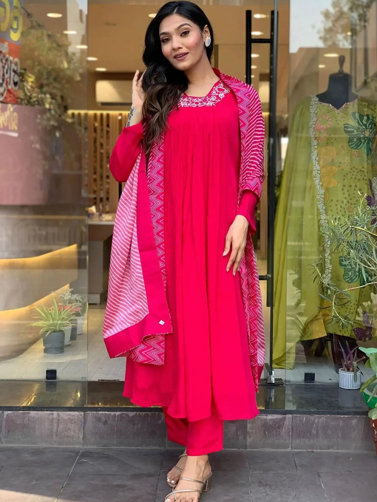 Attractive Pink Embroidered Silk Traditional Pant Suit With Dupatta