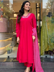 Attractive Pink Embroidered Silk Traditional Pant Suit With Dupatta