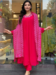 Attractive Pink Embroidered Silk Traditional Pant Suit With Dupatta