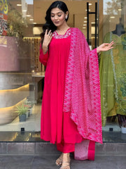 Attractive Pink Embroidered Silk Traditional Pant Suit With Dupatta