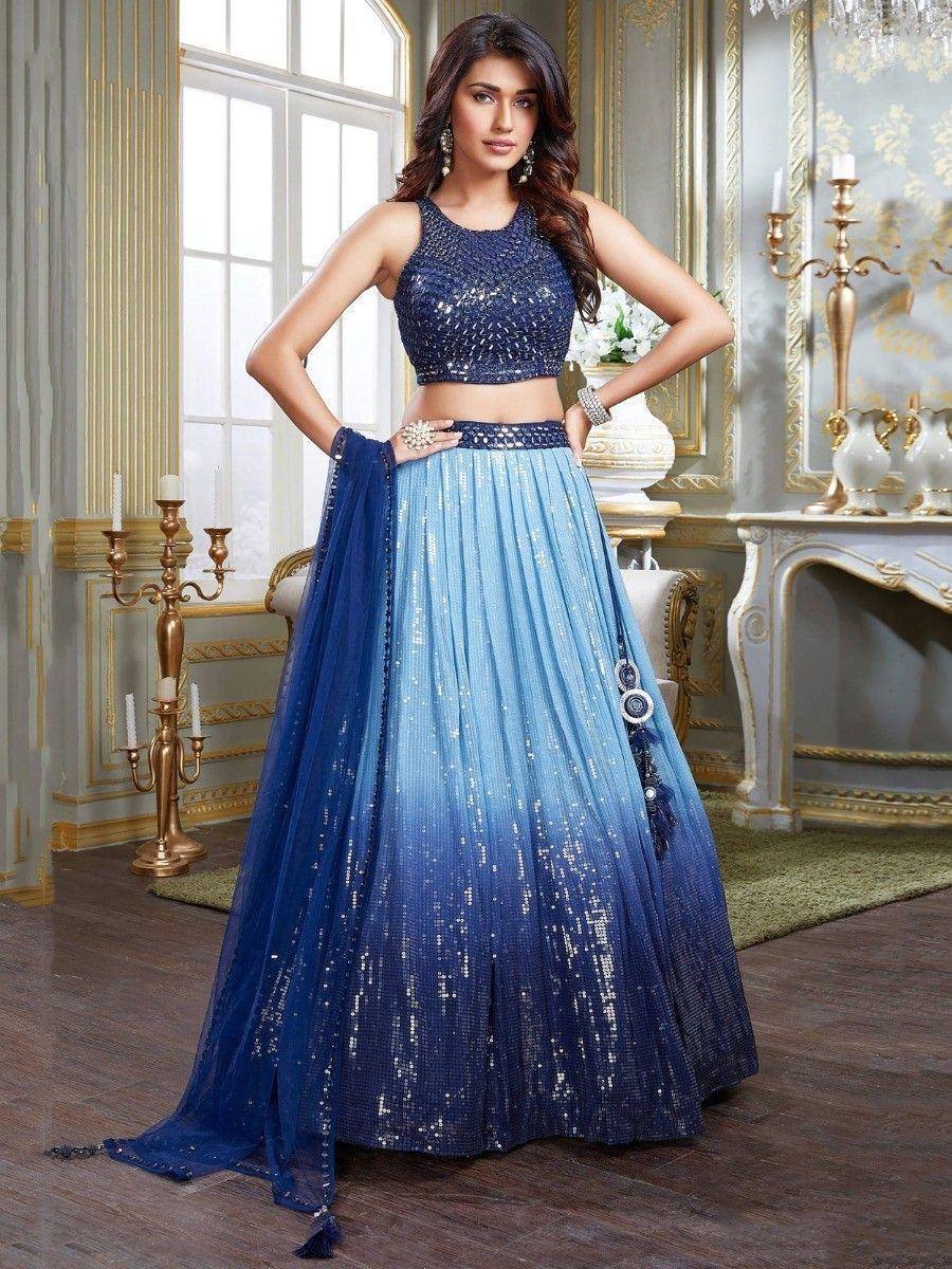 Blue ombre sequin lehenga choli with crop top, perfect for Indian ethnic wear events