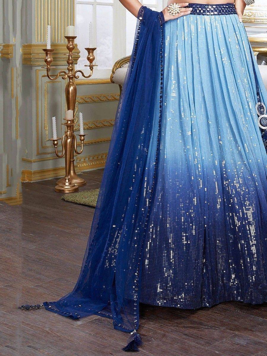 Blue ombre sequin lehenga with matching dupatta, Indian ethnic wear for weddings