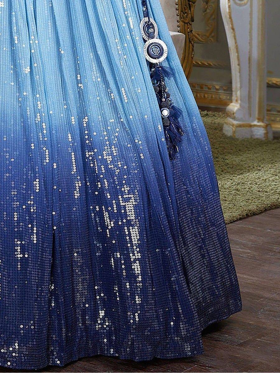 Blue ombre sequin lehenga with tassel detailing, Indian ethnic wear
