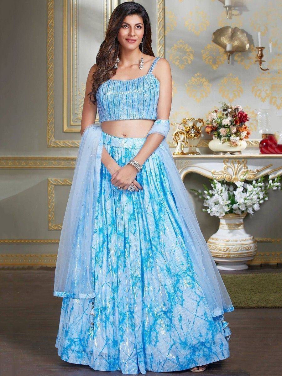 Blue sequin lehenga choli with tie-dye skirt, perfect for Indian ethnic wear events