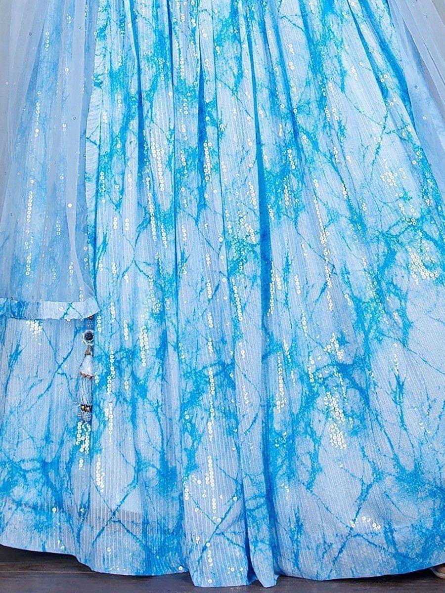 Blue sequin lehenga skirt with tie-dye pattern and tassel detail, ethnic wear for festive occasions