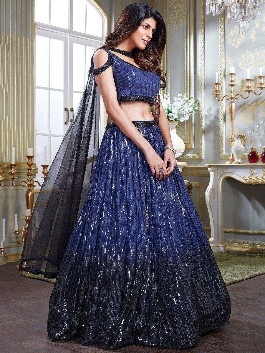 Navy blue sequin lehenga choli with black sheer dupatta, elegant ethnic wear for weddings