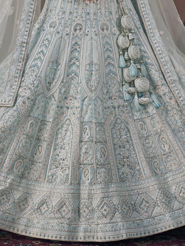 Outstanding Sky-Blue Zarkan Work Net Wedding Wear Lehenga Choli