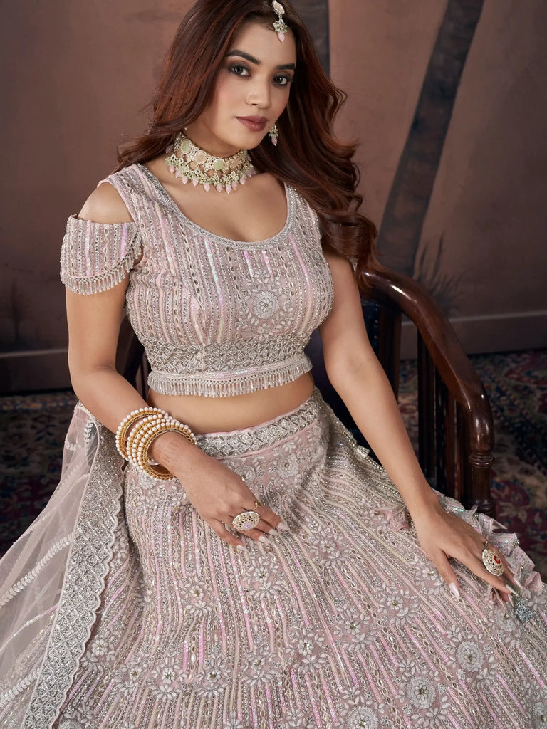 Magnificent Baby Pink Zarkan Work Net Bridesmaid Lehenga Choli