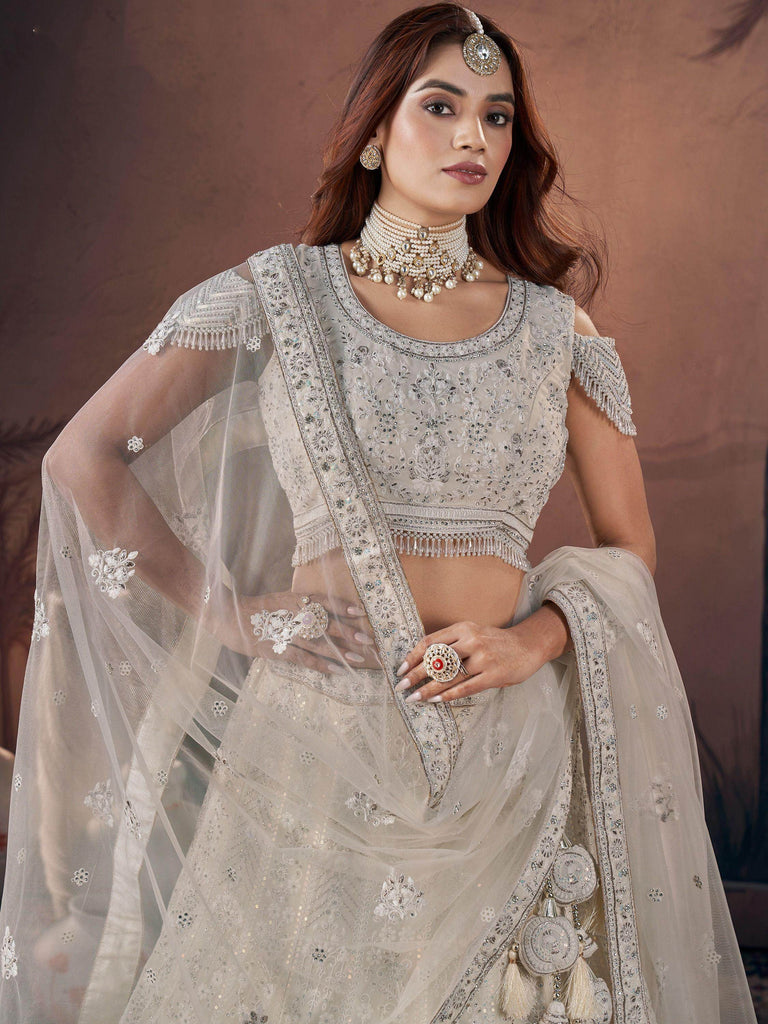 Marvelous Off-White Sequins Net Lehenga Choli With Dupatta