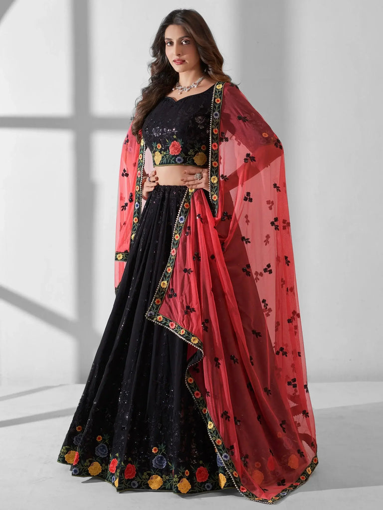 Gorgeous Black Sequins Georgette Reception Wear Lehenga Choli