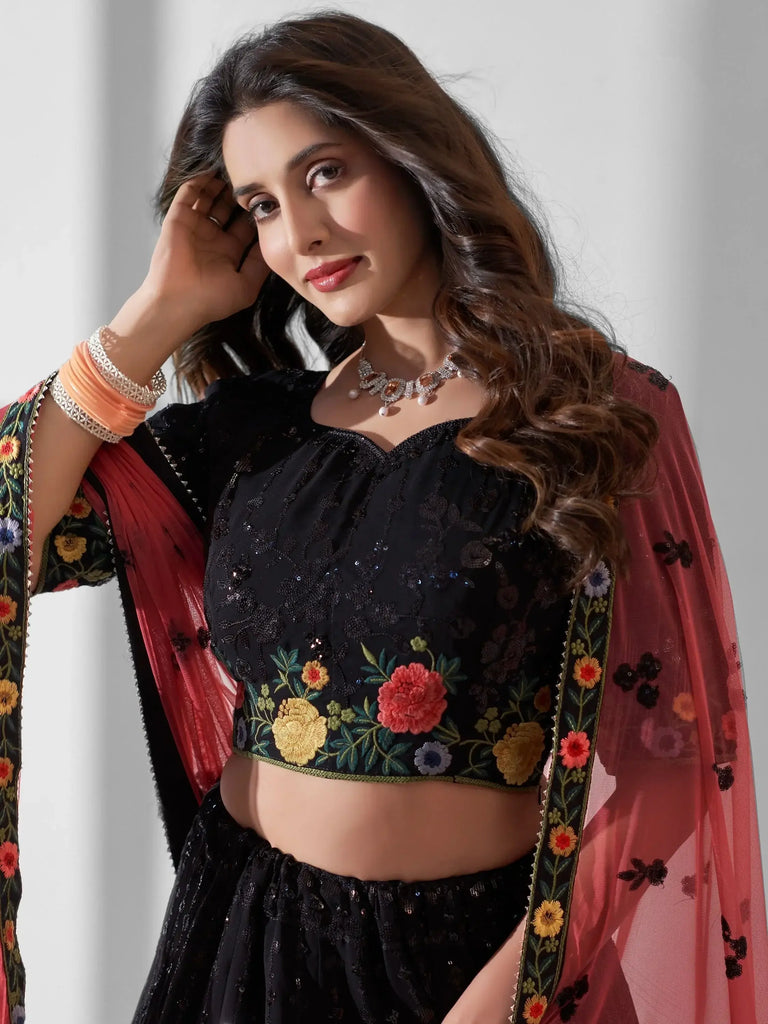 Gorgeous Black Sequins Georgette Reception Wear Lehenga Choli