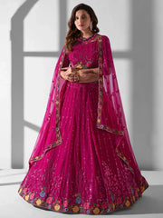 Beautiful Rani Pink Multi-Embroidered Georgette Wedding Lehenga Choli