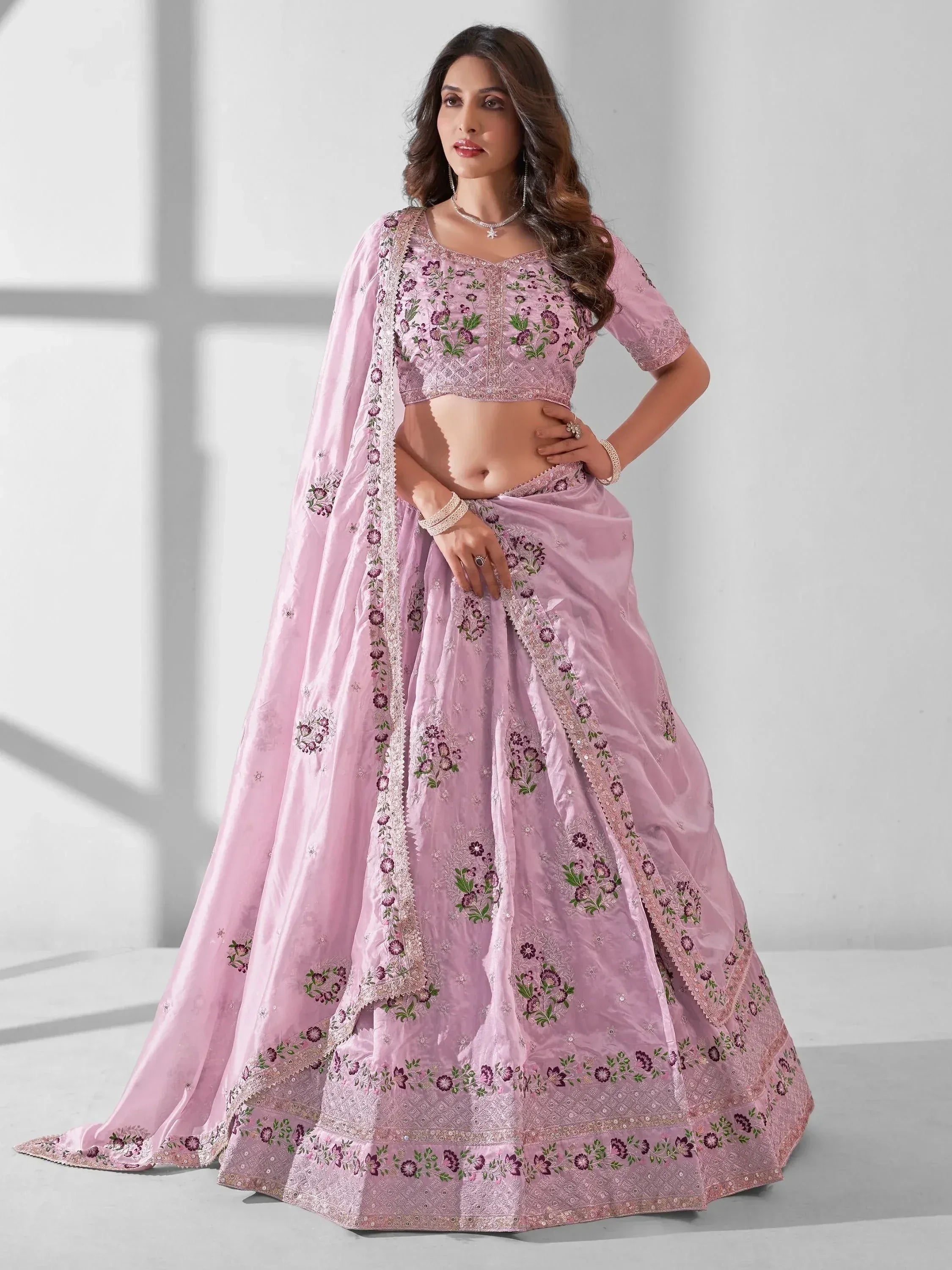 Pink floral embroidered lehenga choli with dupatta, Indian ethnic wear for weddings and festivals