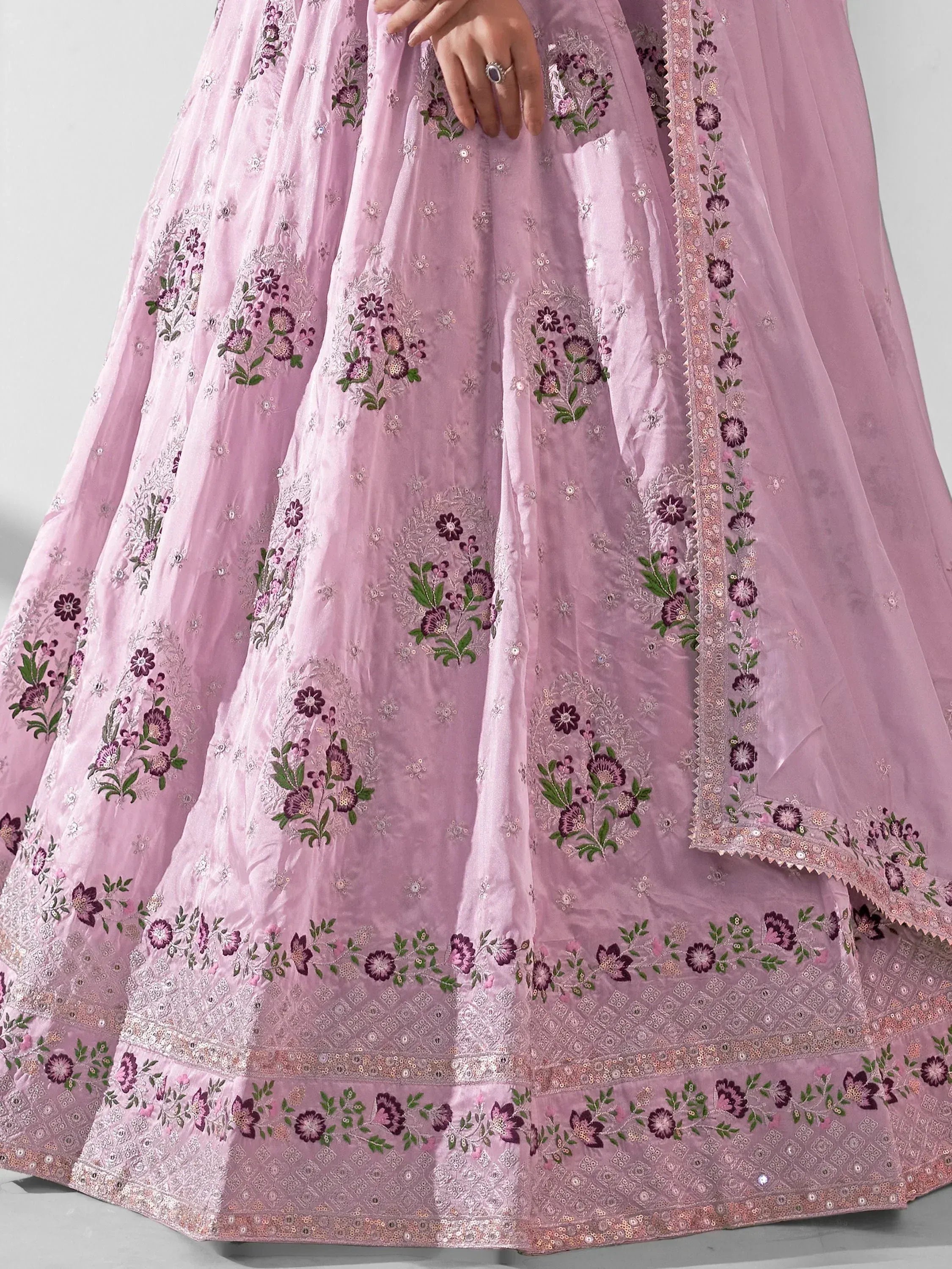 Pink floral embroidered lehenga choli with sequin detailing, perfect for Indian ethnic wear occasions.