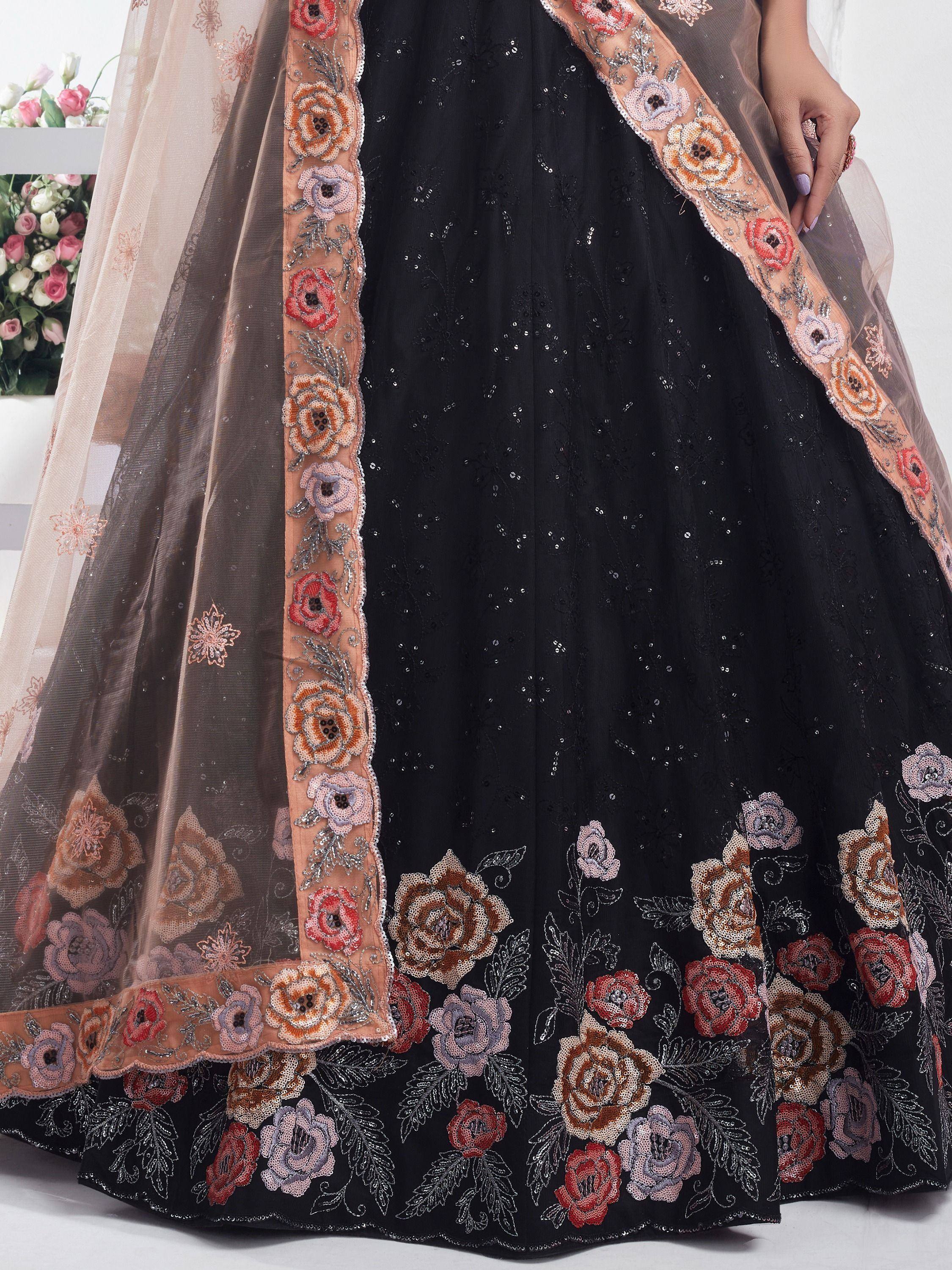 Black floral embroidered lehenga with sequins and sheer dupatta, Indian ethnic wear