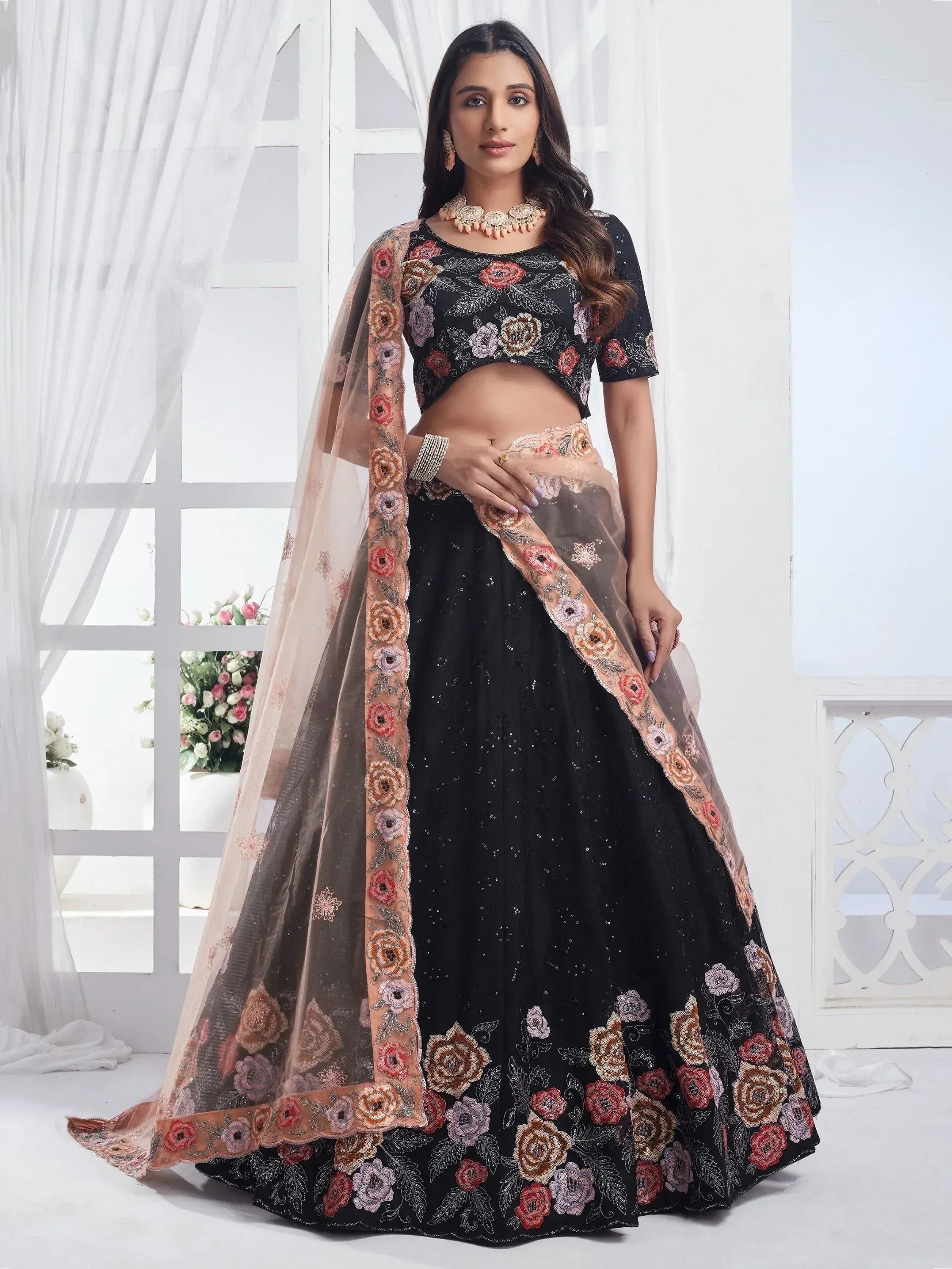 Black floral embroidered lehenga choli with sheer dupatta, Indian ethnic wear for weddings and parties