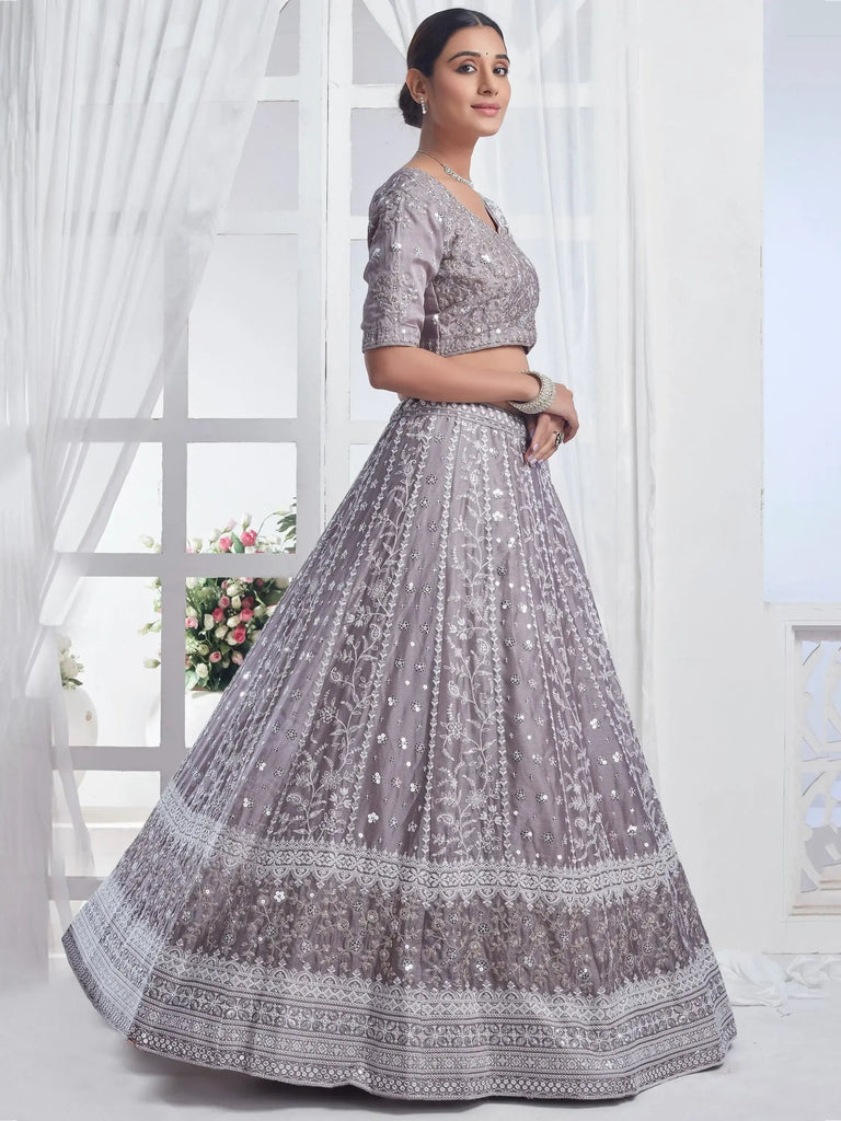 Attractive Grey Embroidered Chiffon Engagement Wear Lehenga Choli