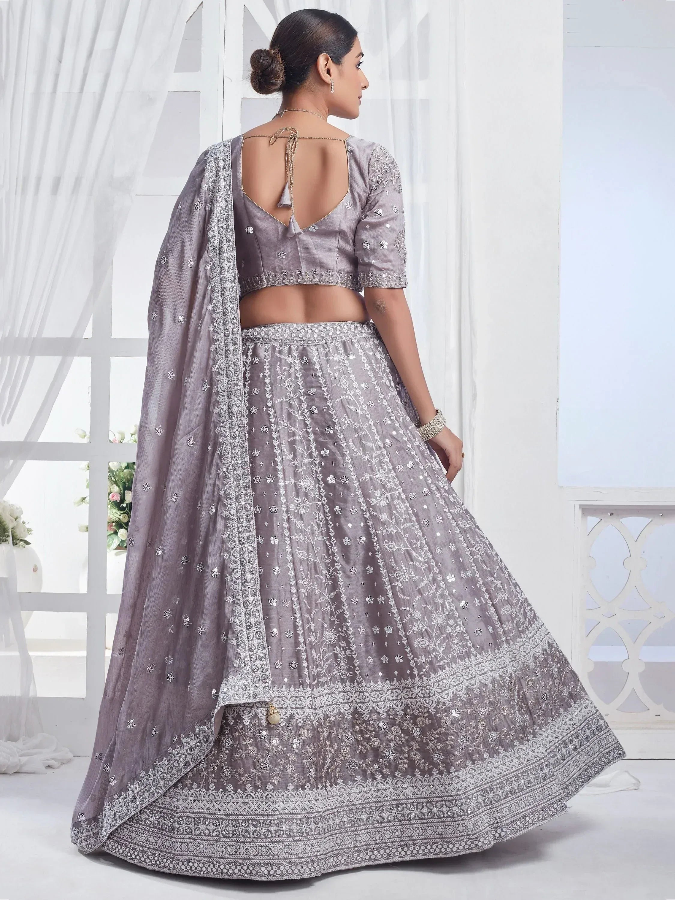 Grey embroidered lehenga choli with backless blouse and dupatta, Indian ethnic wear