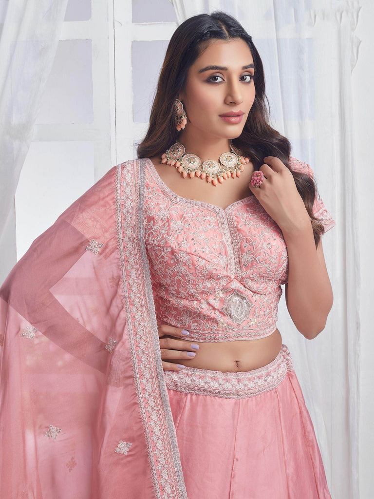 Adorable Peach Embroidered Organza Wedding Wear Lehenga Choli
