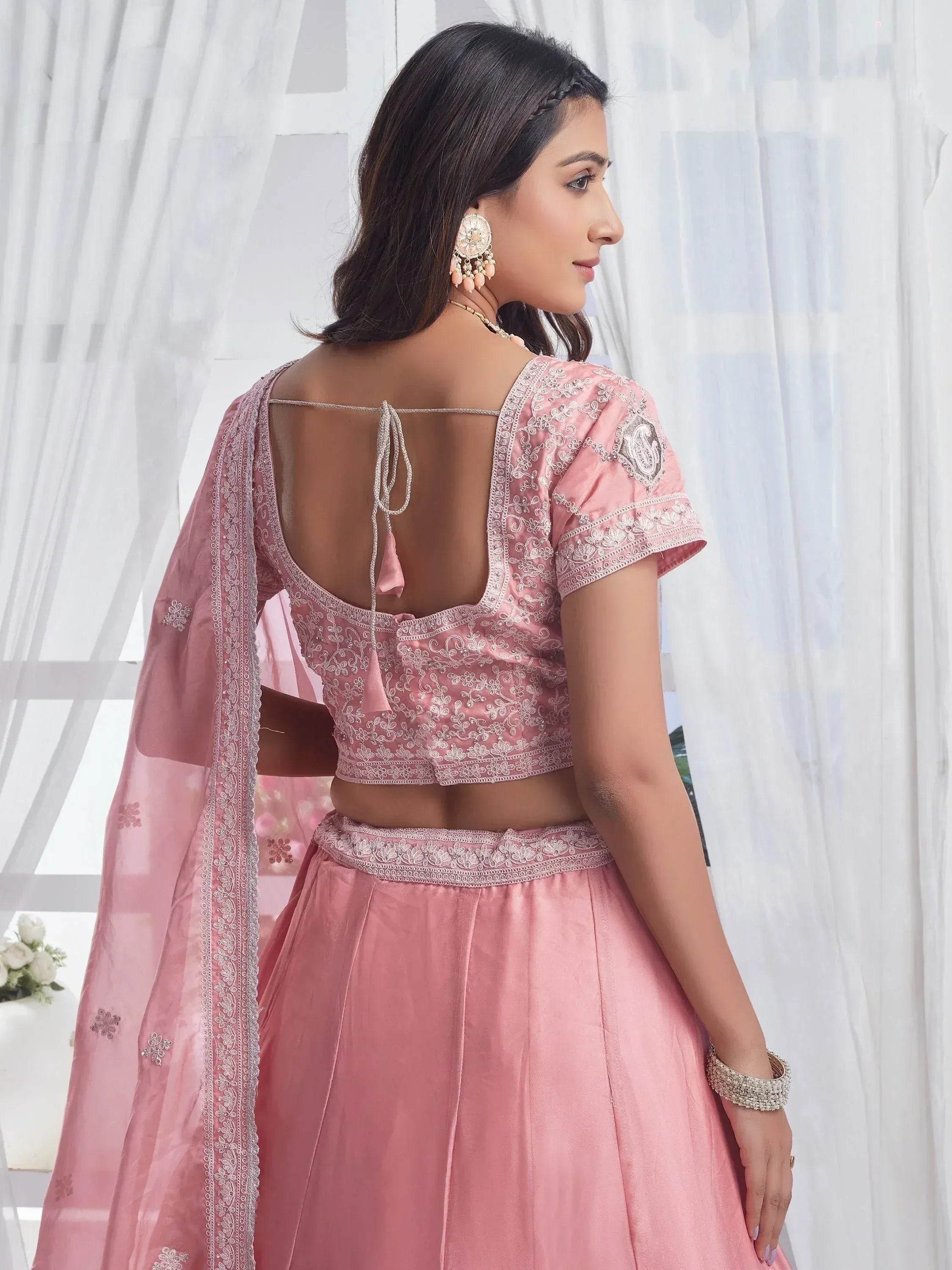 Pink embroidered lehenga choli with open back blouse and dupatta, Indian ethnic wear