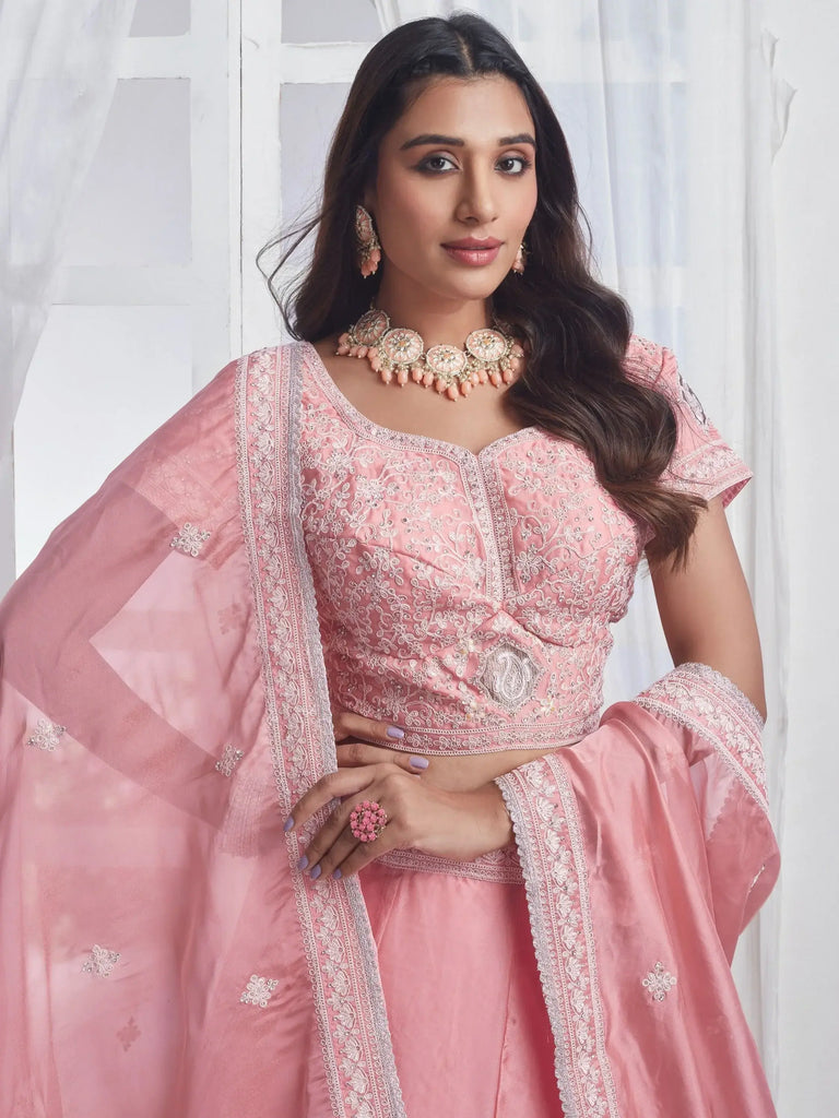 Adorable Peach Embroidered Organza Wedding Wear Lehenga Choli