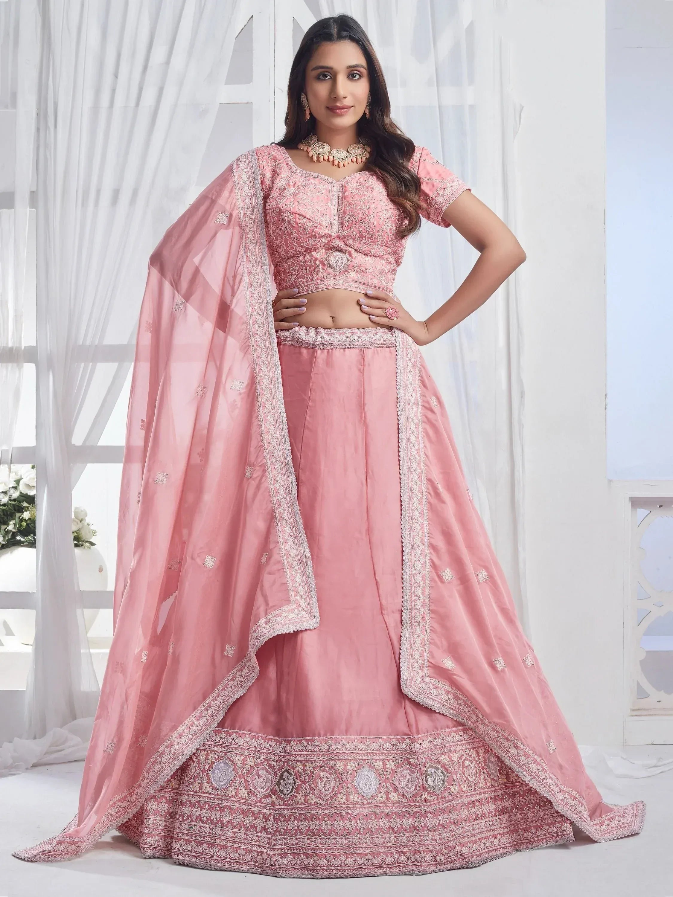 Pink embroidered lehenga choli with dupatta, Indian ethnic wear for weddings and parties