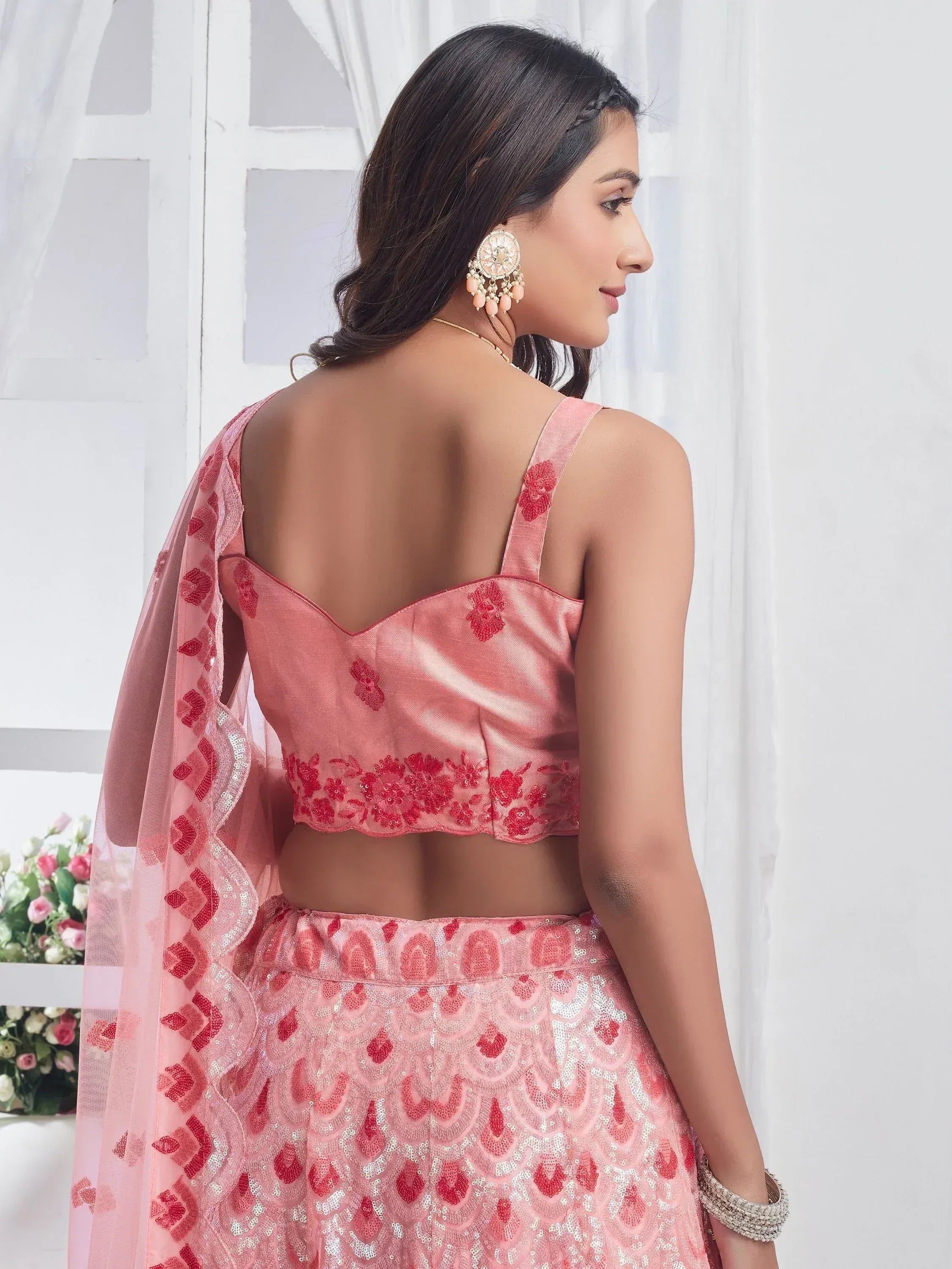 Pink designer lehenga choli with floral embroidery and sheer dupatta, ethnic wear for women