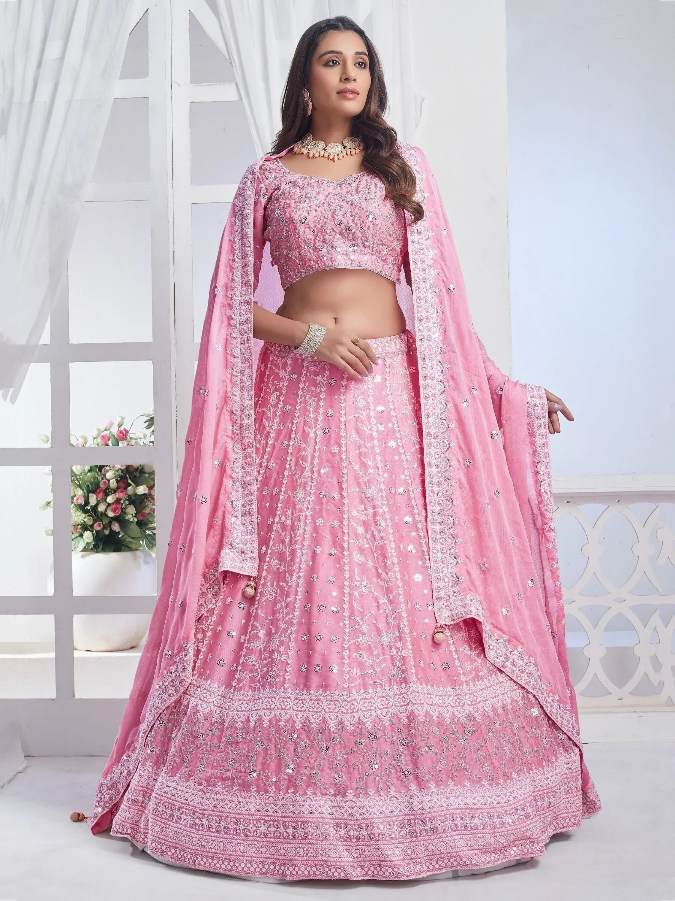 Pink embroidered lehenga choli with dupatta, Indian ethnic wear for weddings and festivals