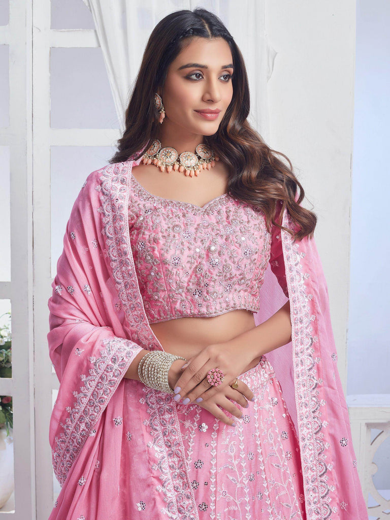 Glamorous Pink Sequins Chiffon Bridesmaid Lehenga Choli With Dupatta