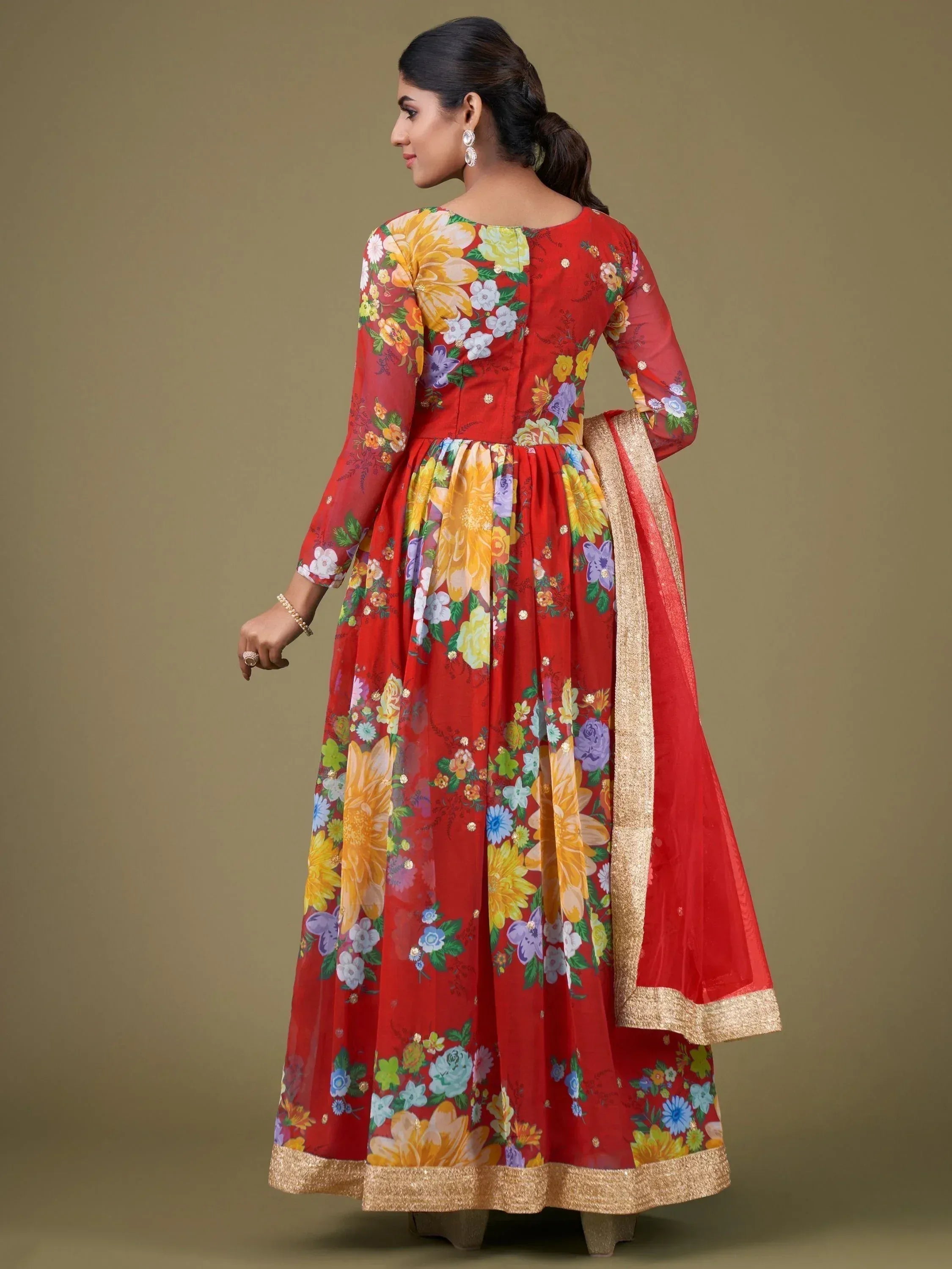 Red floral print Anarkali suit with gold trim, Indian ethnic wear for women