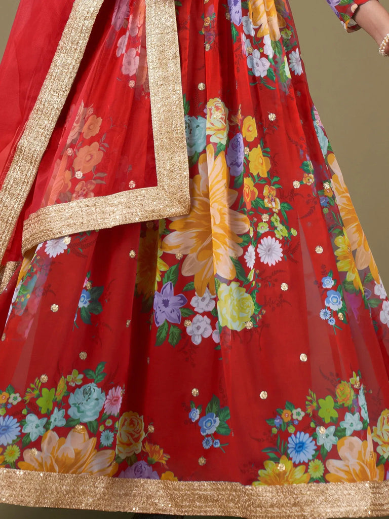 Bewitching Red Floral Printed Georgette Festival Wear Gown With Dupatta