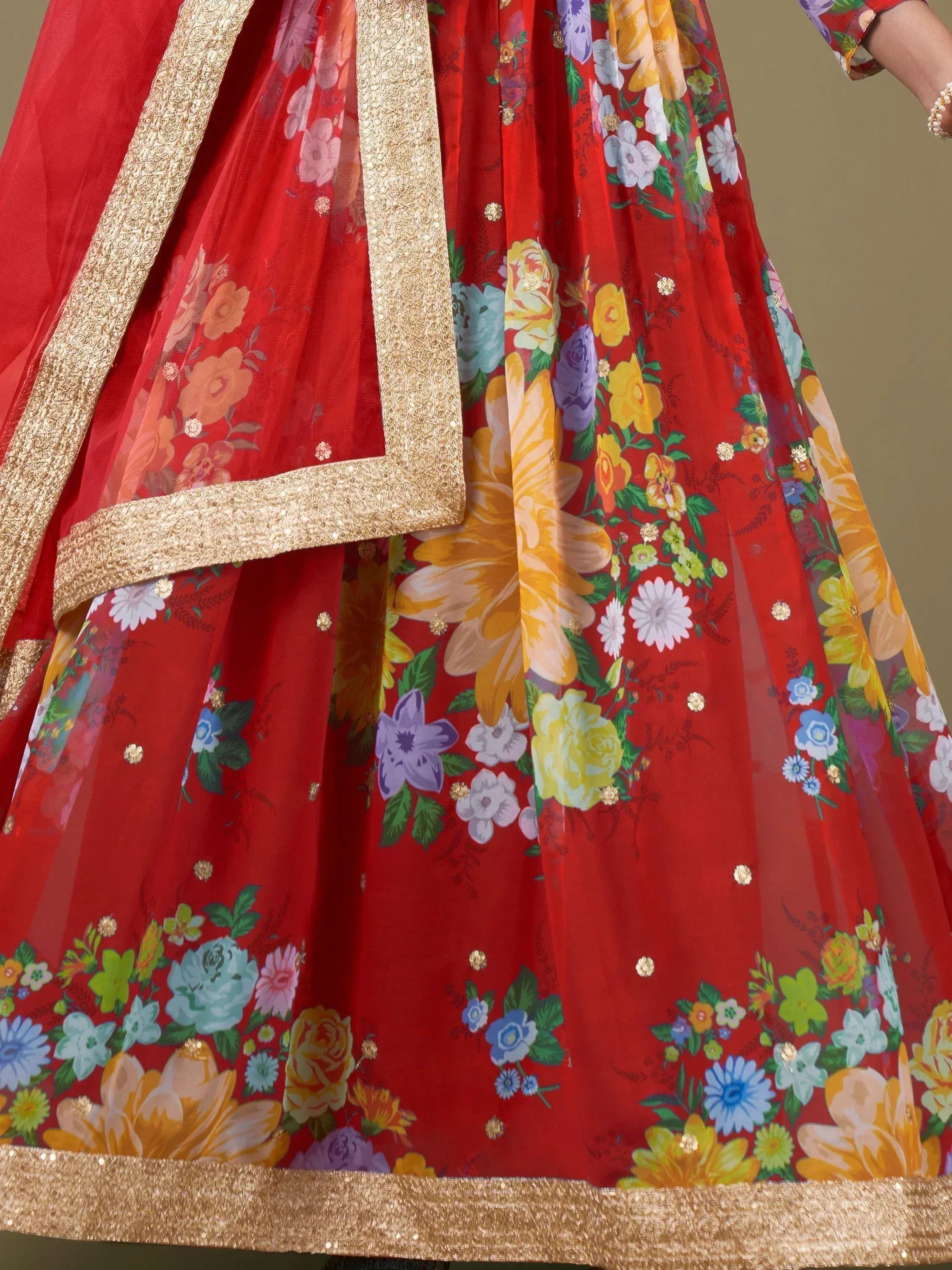 Red floral lehenga choli with gold embroidery, Indian ethnic wear for weddings and festivals