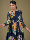 Gorgeous Navy Blue Floral Printed Georgette Gown With Dupatta