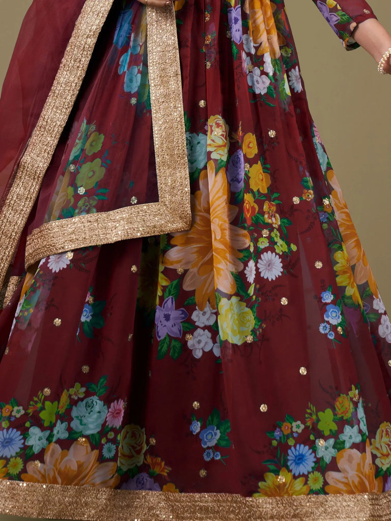 Beautiful Maroon Floral Printed Georgette Traditional Gown With Dupatta