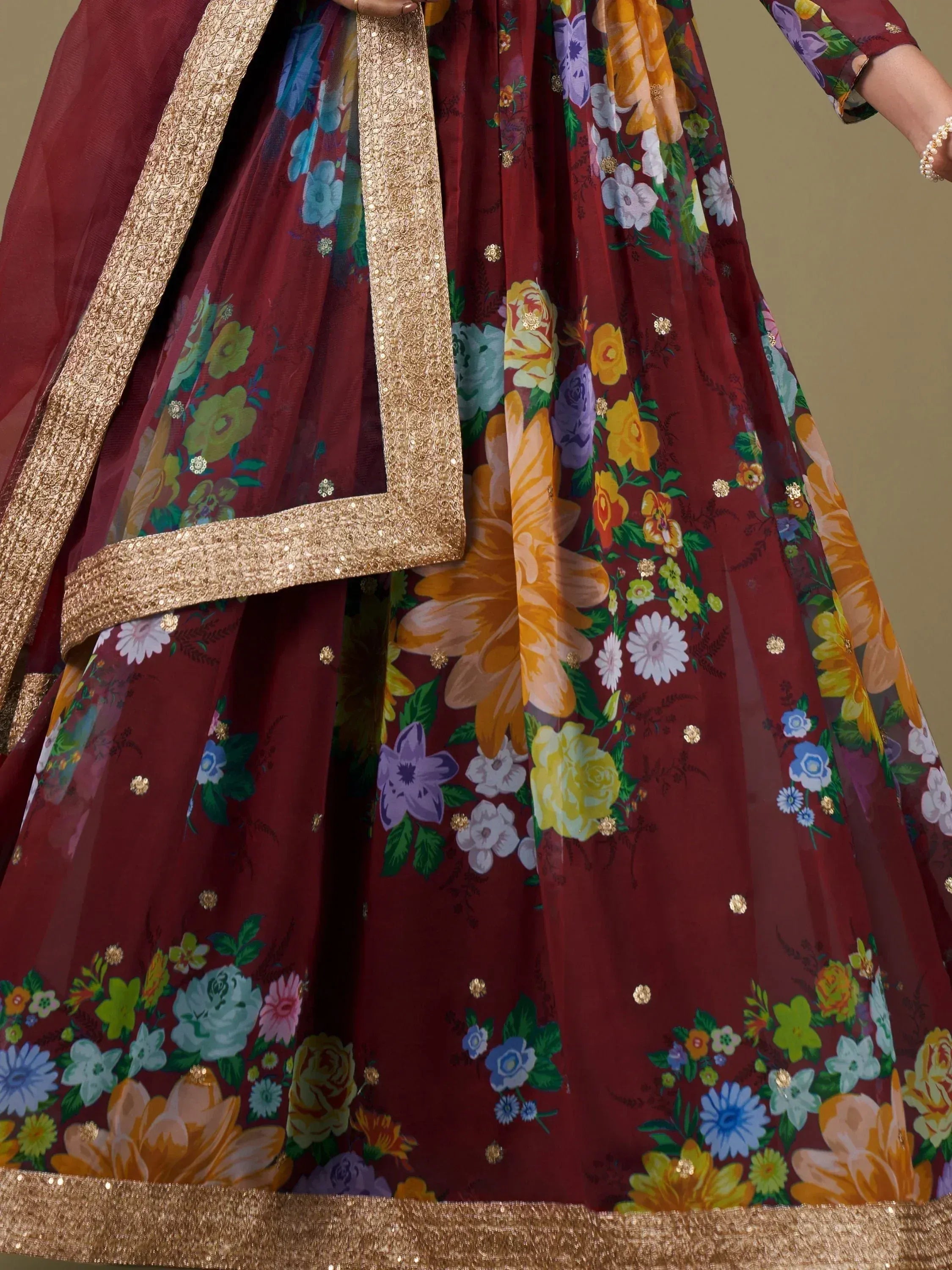 Maroon floral lehenga choli with gold embroidery and sequins, Indian ethnic wear