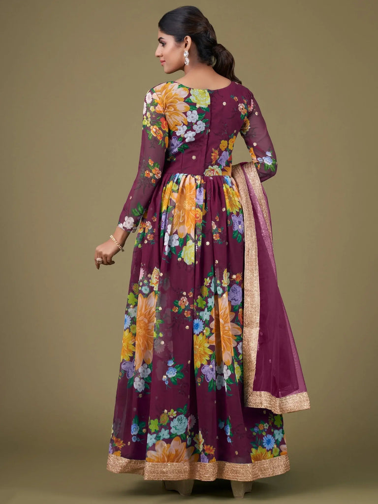 Stunning Purple Floral Printed Georgette Event Wear Gown With Dupatta