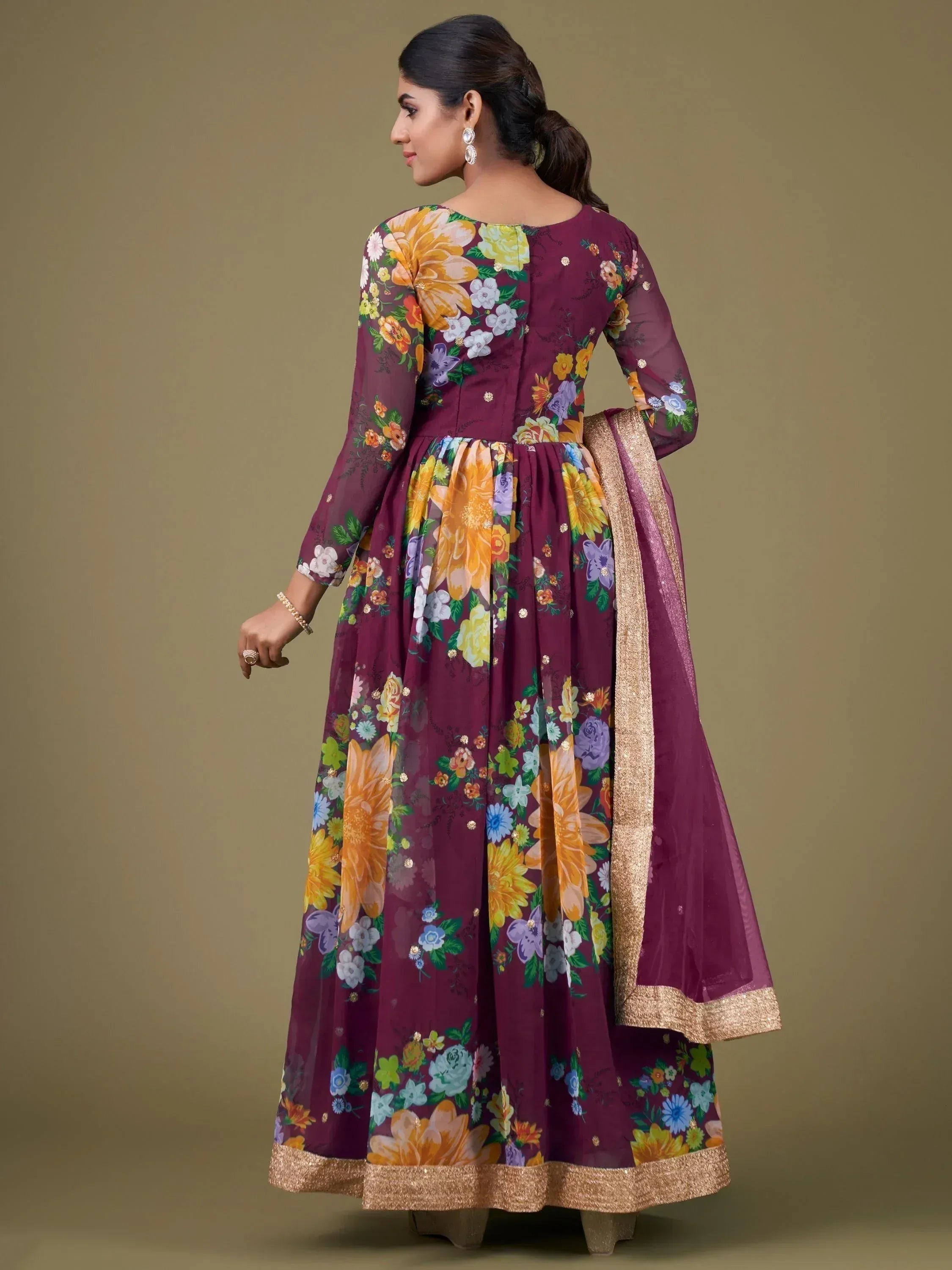 Purple floral anarkali suit with gold trim, Indian ethnic wear for women